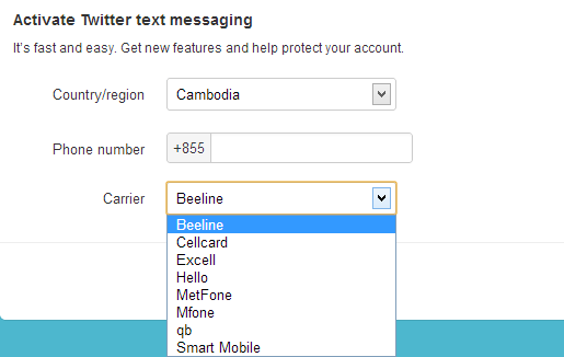 Twitter works with all phone carriers in Cambodia